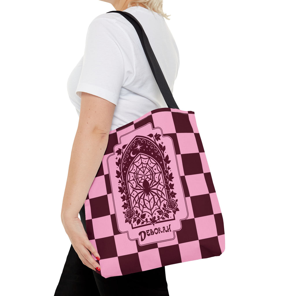 Personalizable Pink and Burgundy Retro Goth Tote with Mystic Spider Stained Glass Design