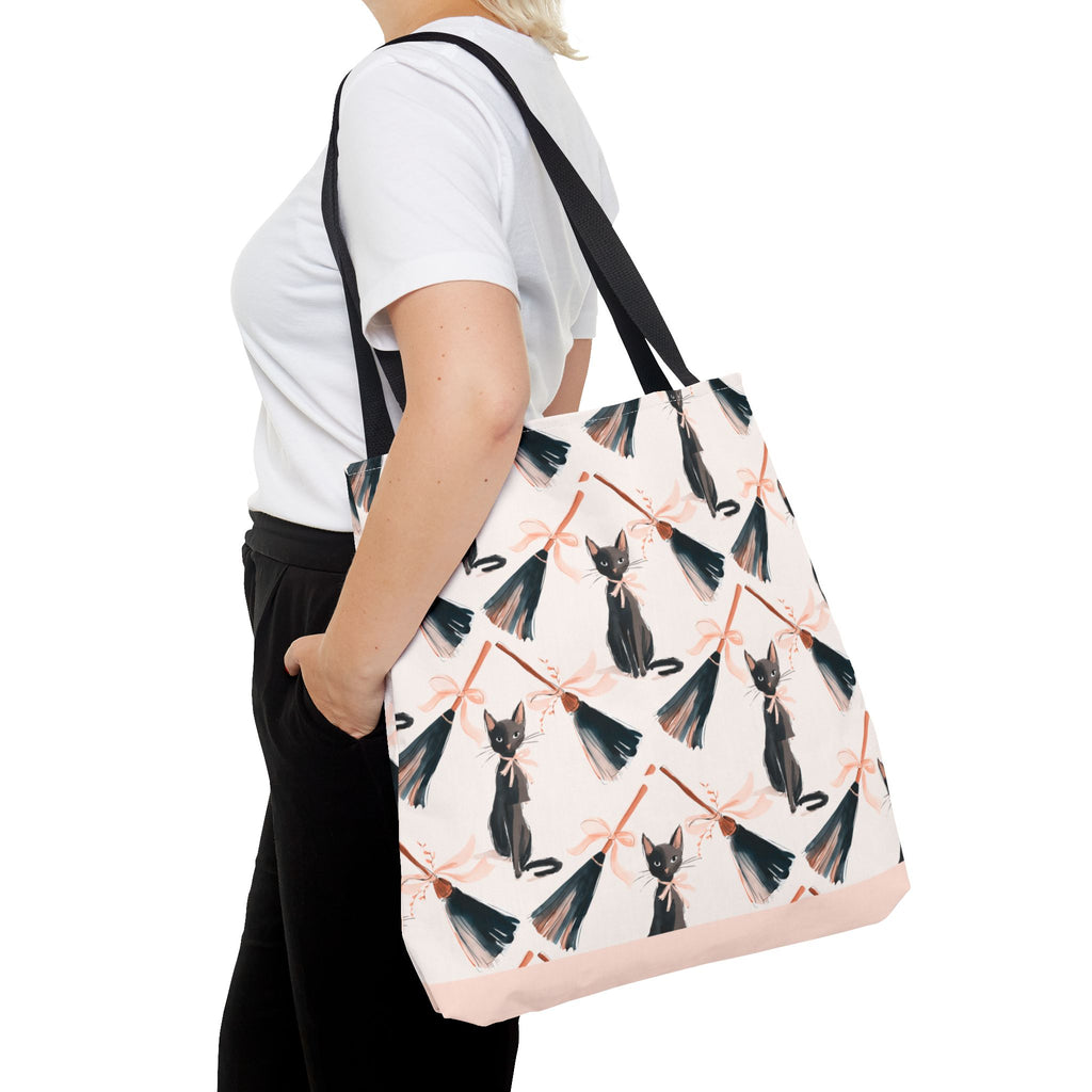 Witchy Black Cat and Broom Tote Bag