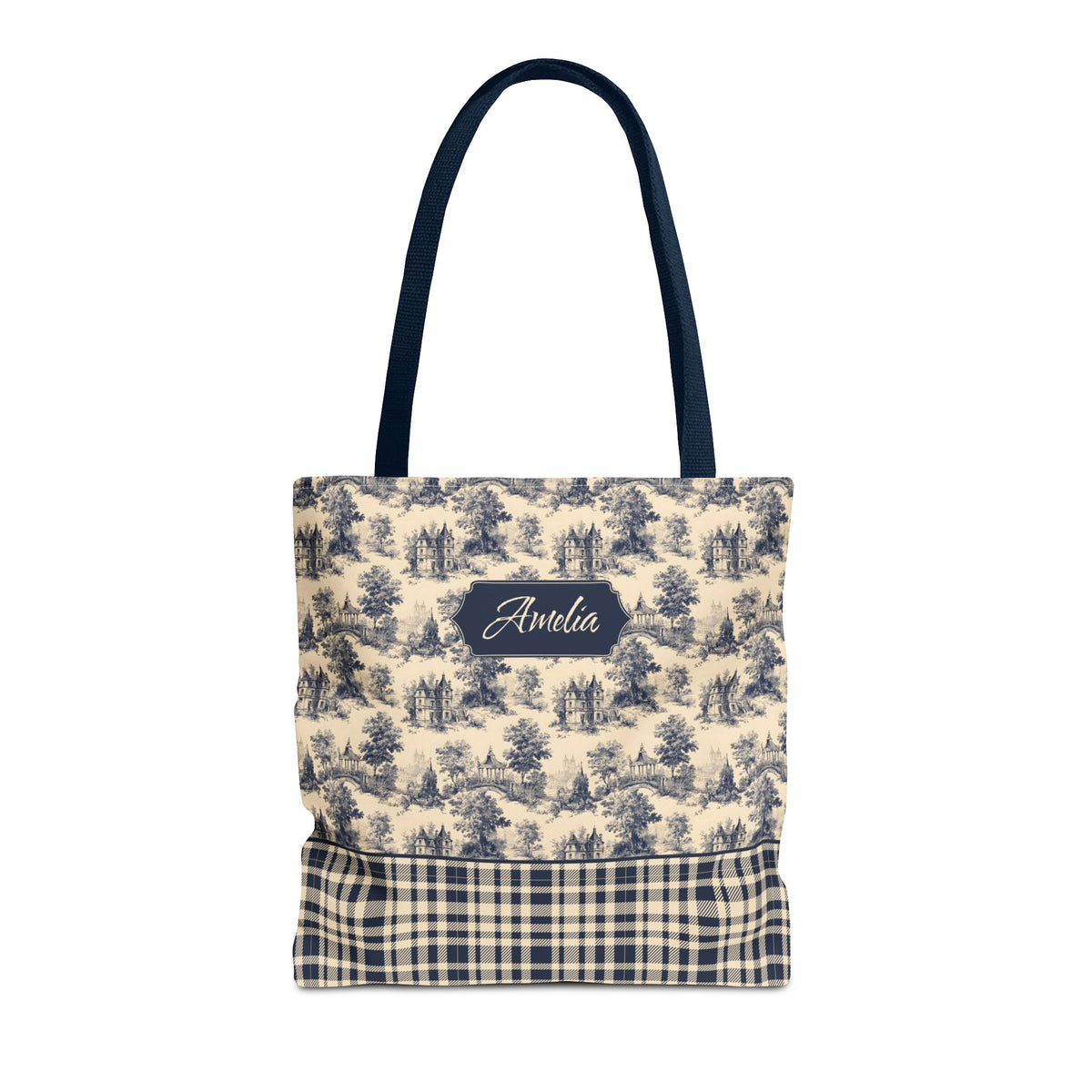 Personalizable Cottagecore Bag - Navy Toile and Plaid Tote