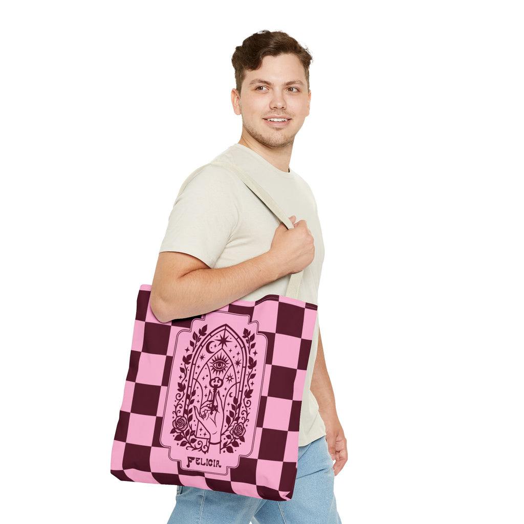 Personalizable Mystic Hand with Key Checkerboard Tote Bag – Pink and Burgundy Retro Goth Carryall
