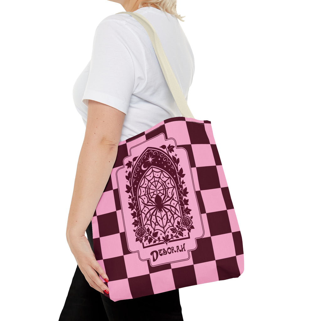 Personalizable Pink and Burgundy Retro Goth Tote with Mystic Spider Stained Glass Design