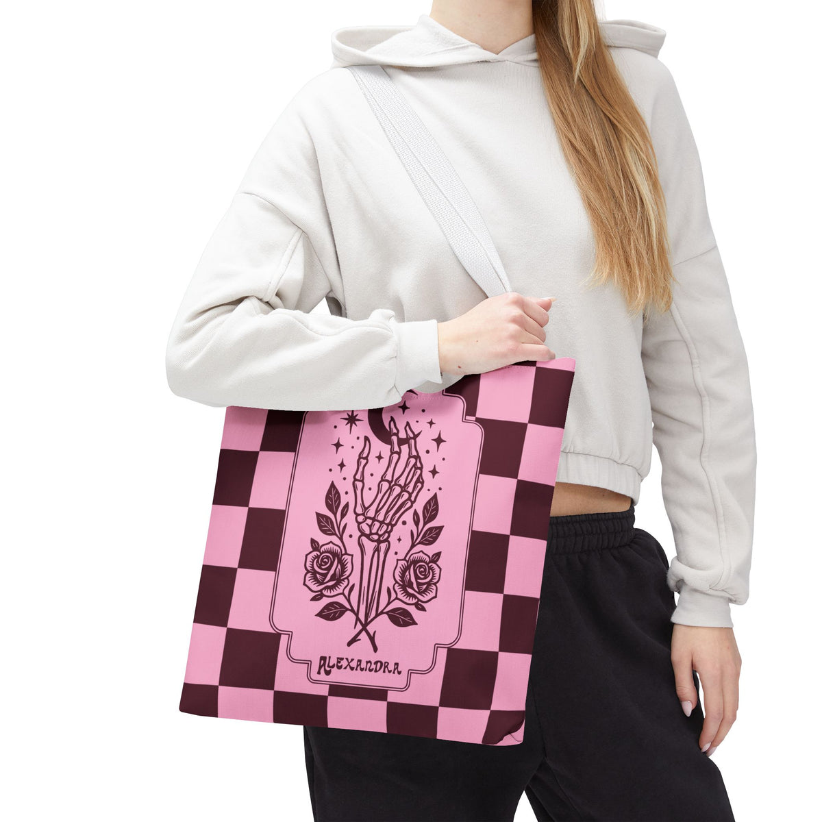 Personalizable Pink Checker Skeletal Hand Tote Bag — Gothic Moon and Roses Carryall