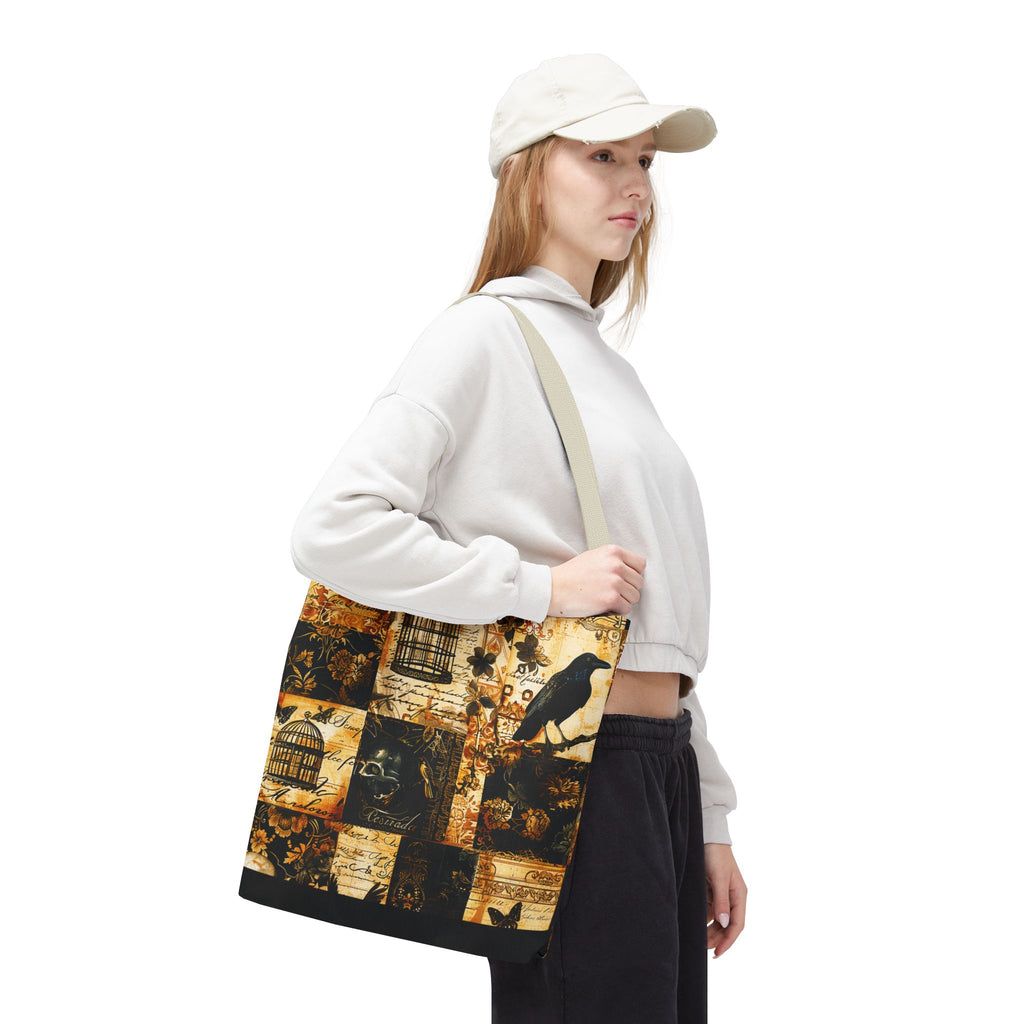 Gothic Raven Patchwork Tote Bag – Vintage Sepia and Black Collage Print
