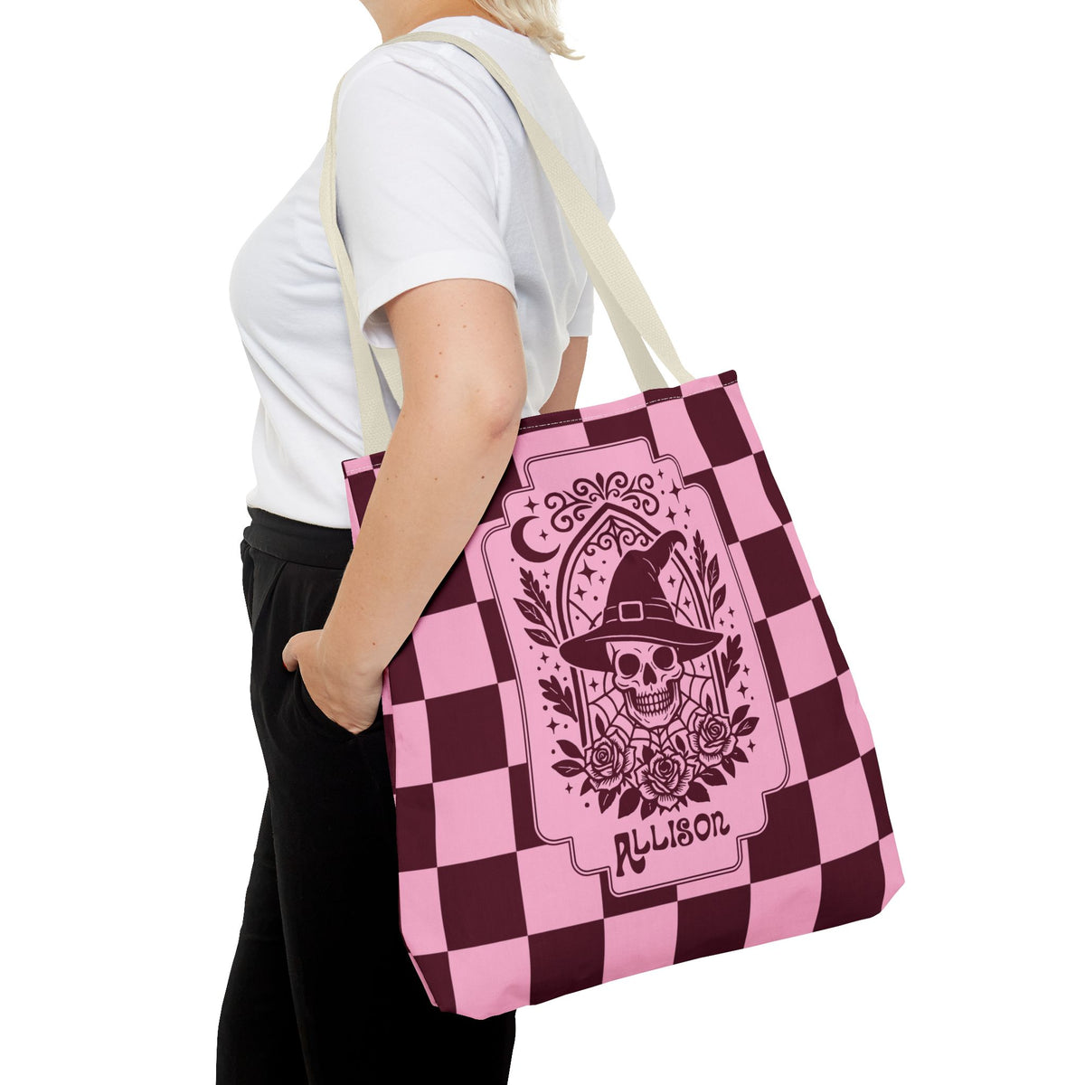 Pink Spooky Checkerboard Carryall - Gothic Witch Skull Personalizable Tote