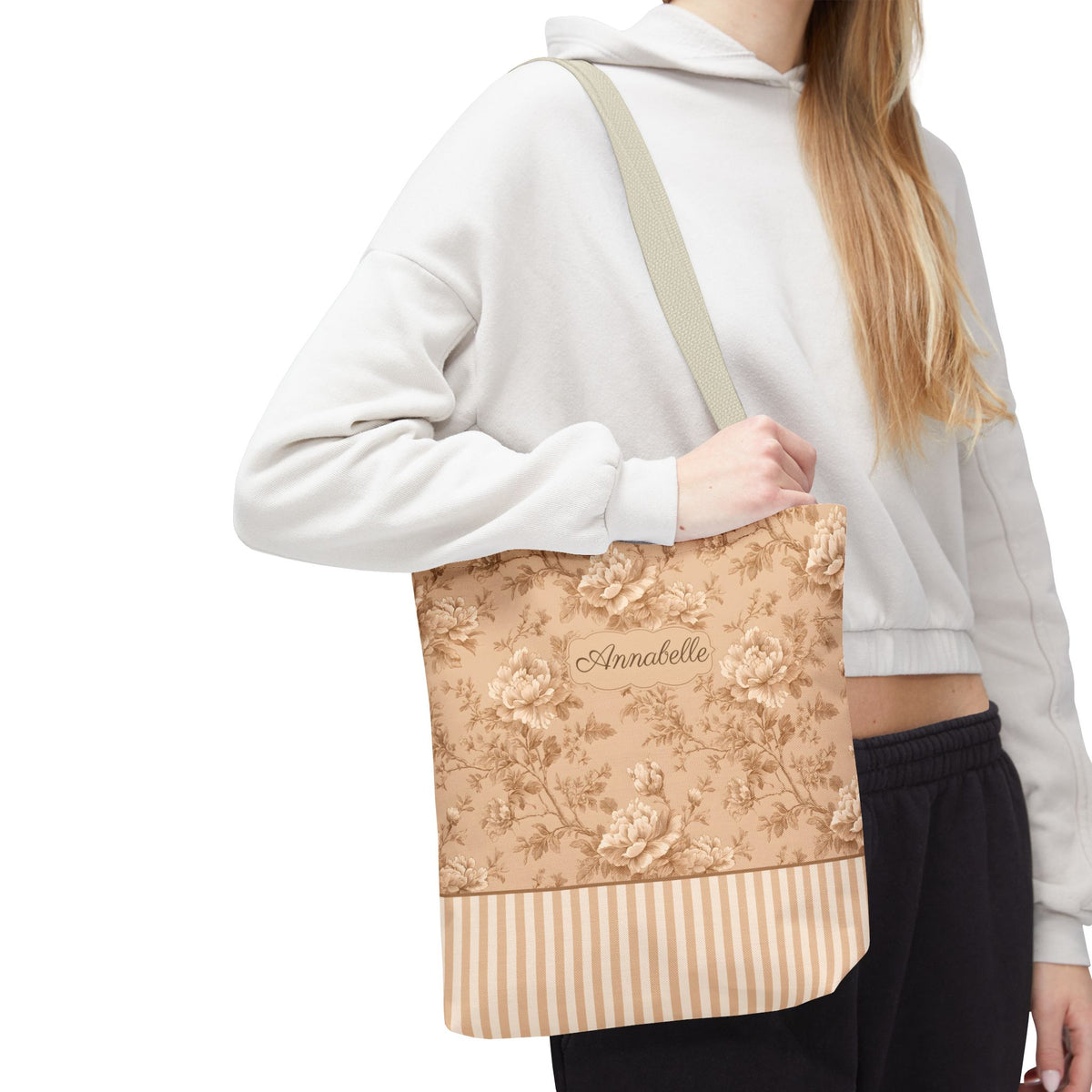 Personalizable Vintage Floral Tote - Sepia Toile Striped Bag