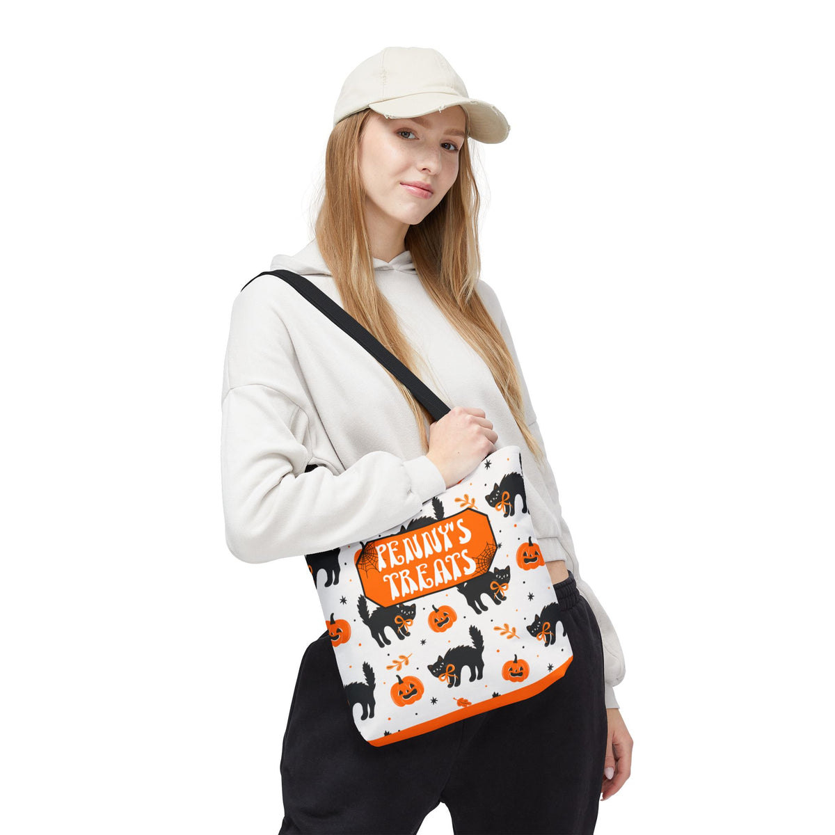 Cute Black Cats and Pumpkins Carryall -Personalized Halloween Trick or Treat Tote Bag