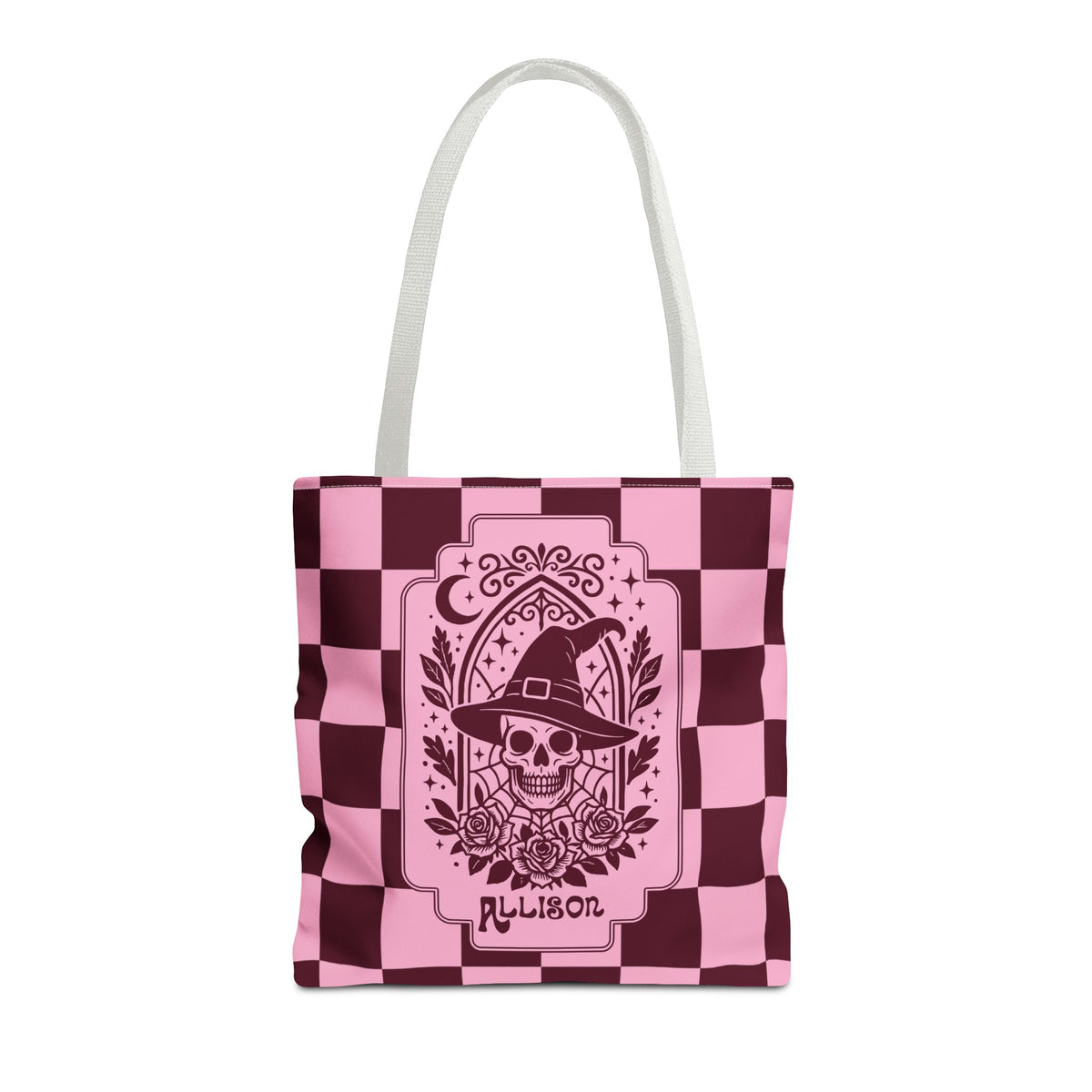 Pink Spooky Checkerboard Carryall - Gothic Witch Skull Personalizable Tote