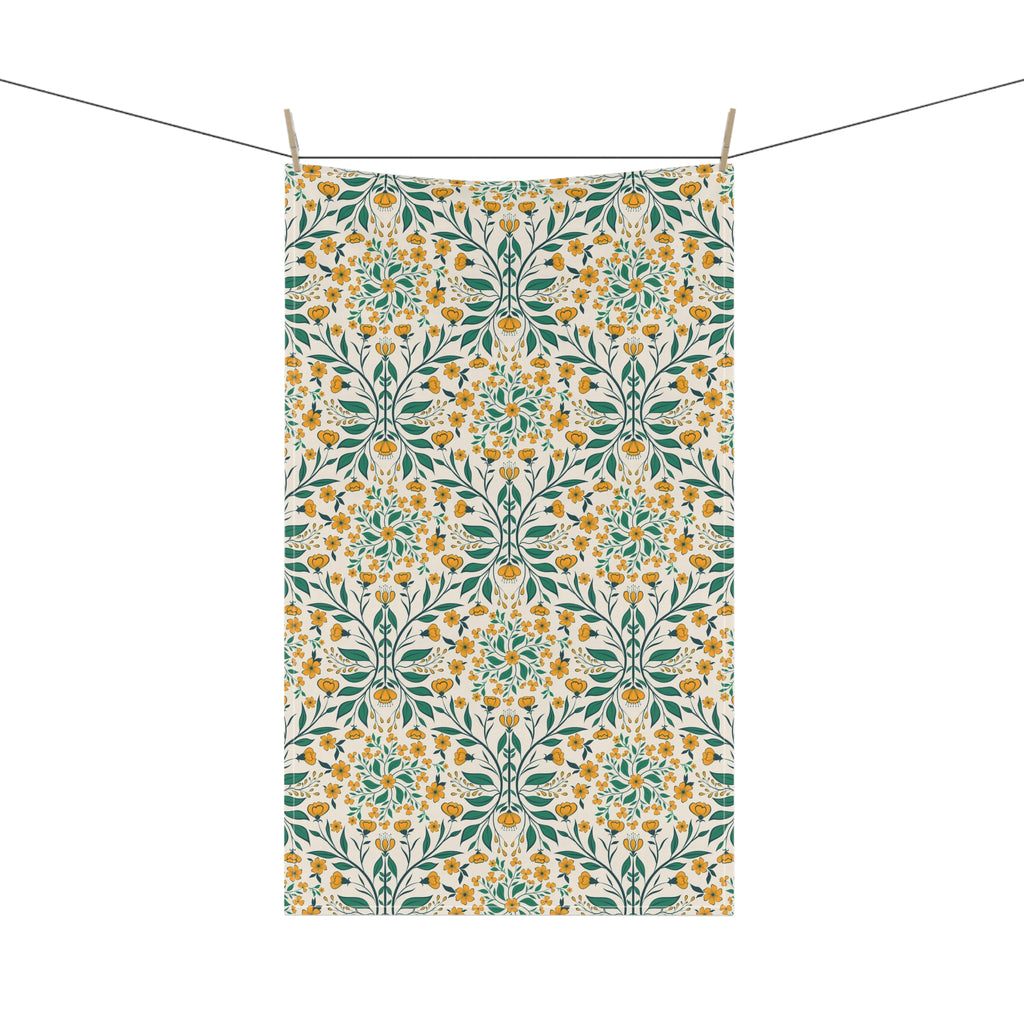Elegant Art Nouveau Tea Towel - Yellow Floral Vine Kitchen Towel