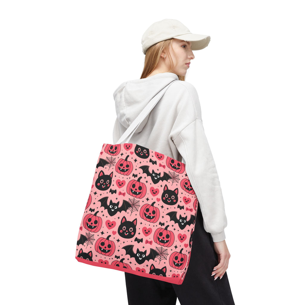 Cute Halloween Trick or Treat Tote Bag  - Pink Pumpkins, Black Cats and Bats Candy Carryall