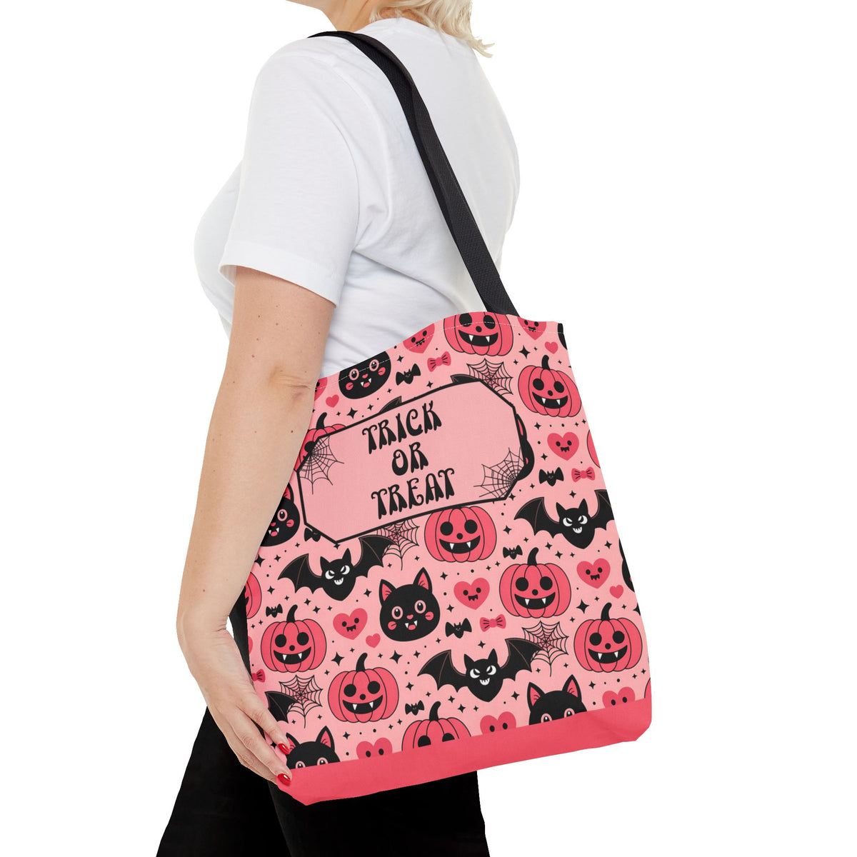 Pink Halloween Trick or Treat Bag  -Personalizable Carryall with Cute Cats, Bats and Jack-O'-Lanterns
