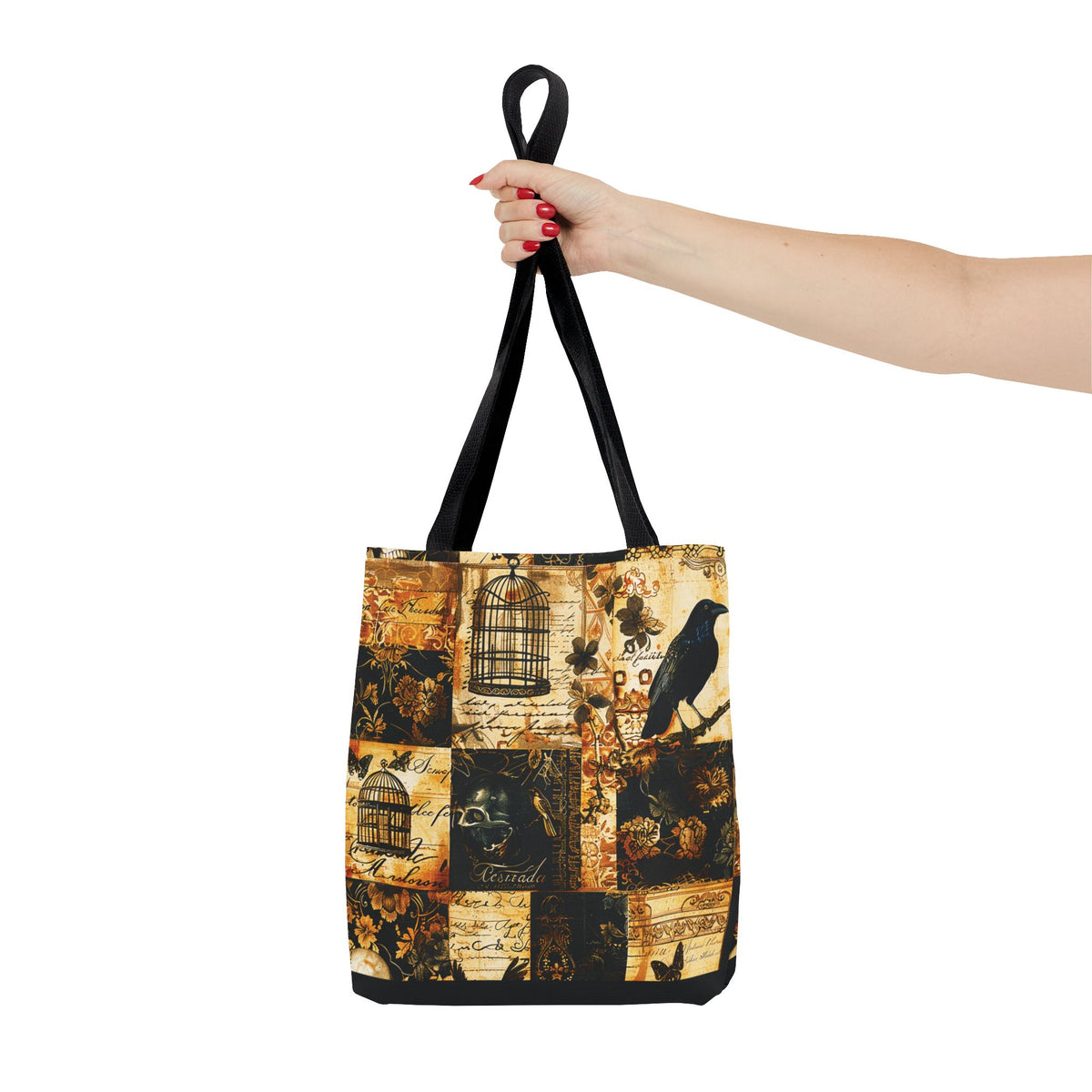Gothic Raven Patchwork Tote Bag – Vintage Sepia and Black Collage Print