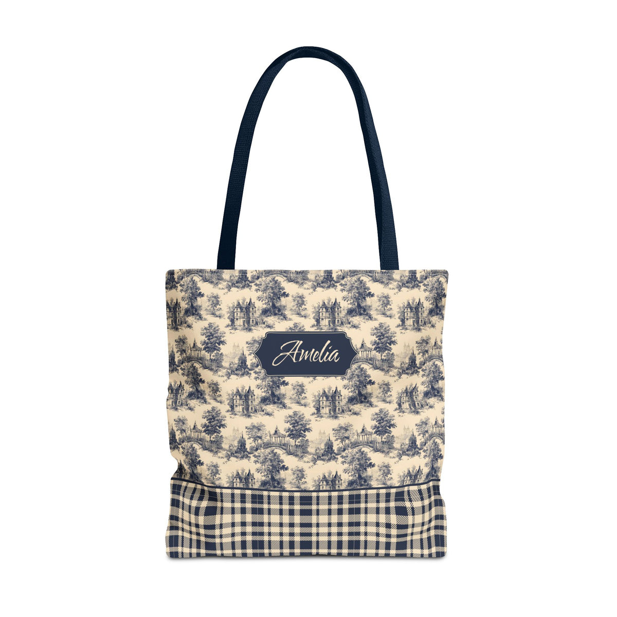 Personalizable Cottagecore Bag - Navy Toile and Plaid Tote