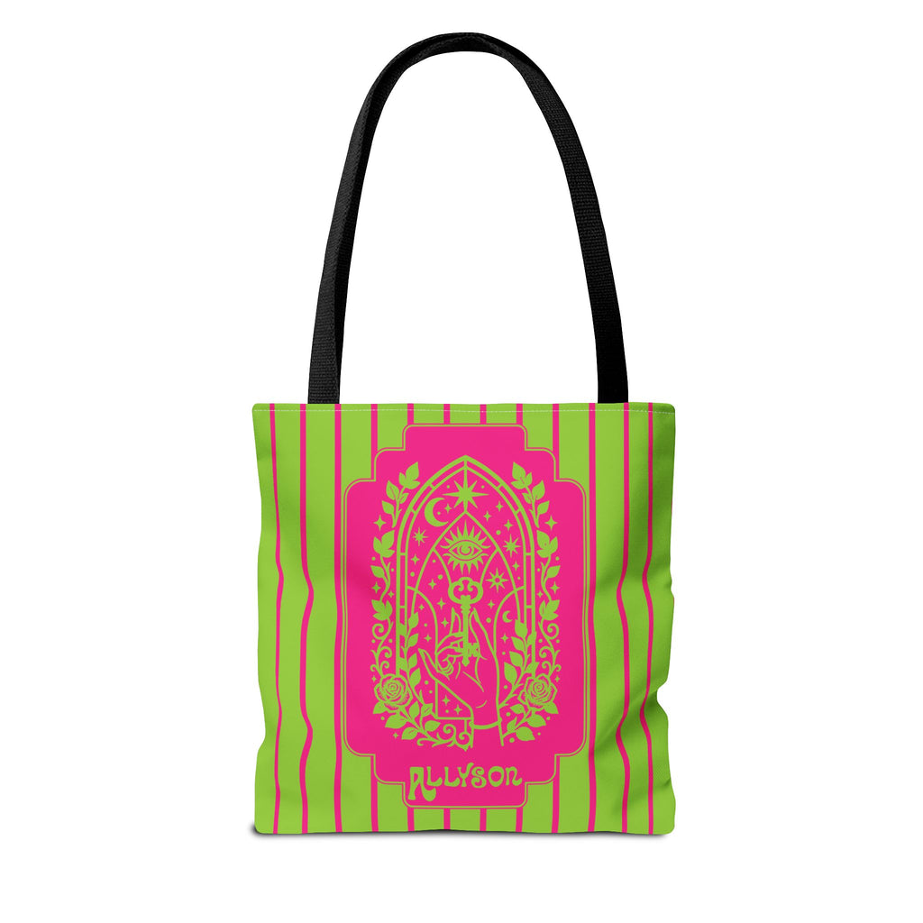 Personalizable Mystic Hand Neon Key Tote Bag -Retro Pink and Lime All-Over Print