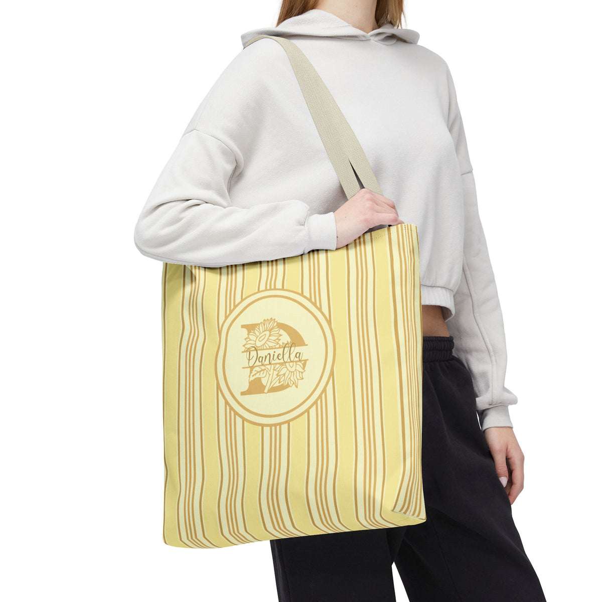Sunflower Monogram Bag - Yellow Vintage Ticking Striped Carryall