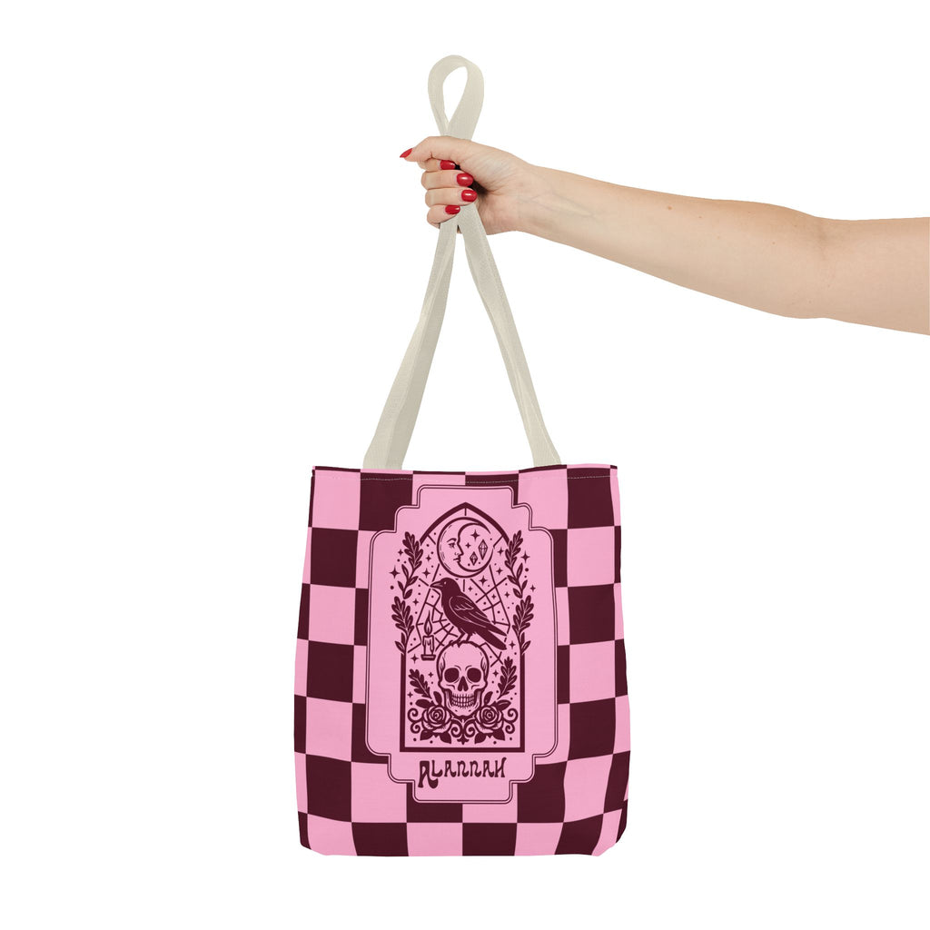 Gothic Raven and Skull Checkerboard Tote Bag - Personalizable Pink Retro Goth Carryall