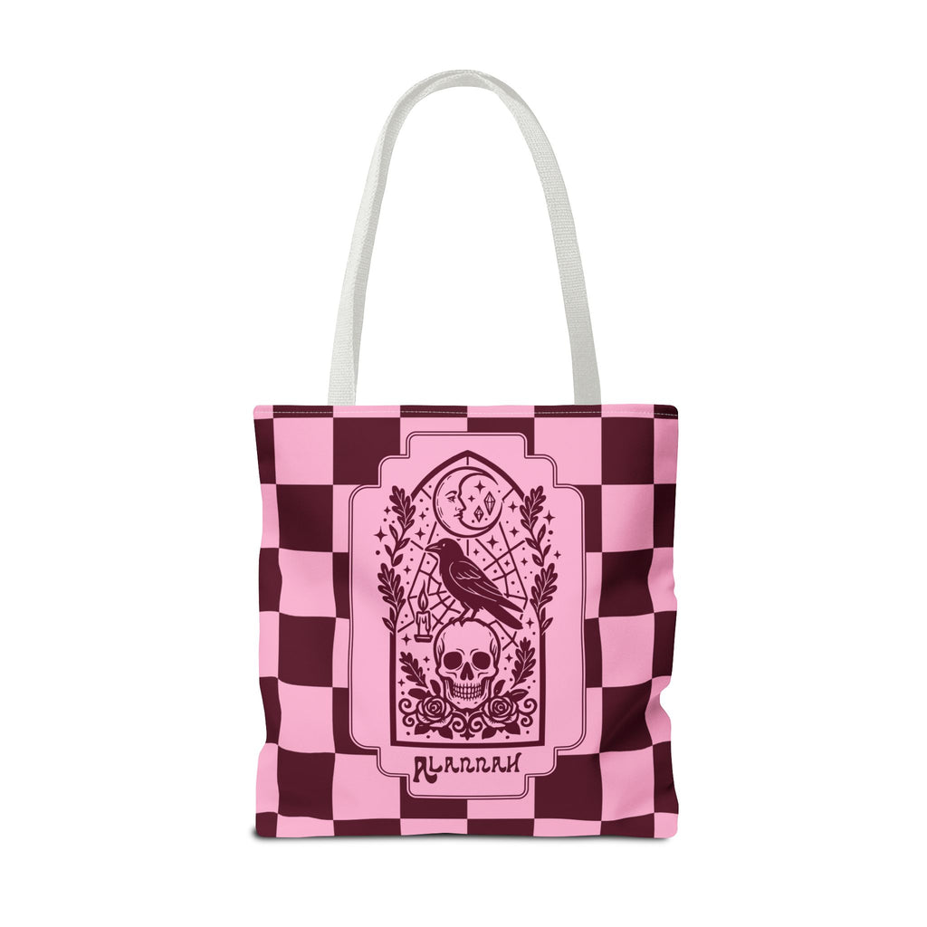 Gothic Raven and Skull Checkerboard Tote Bag - Personalizable Pink Retro Goth Carryall