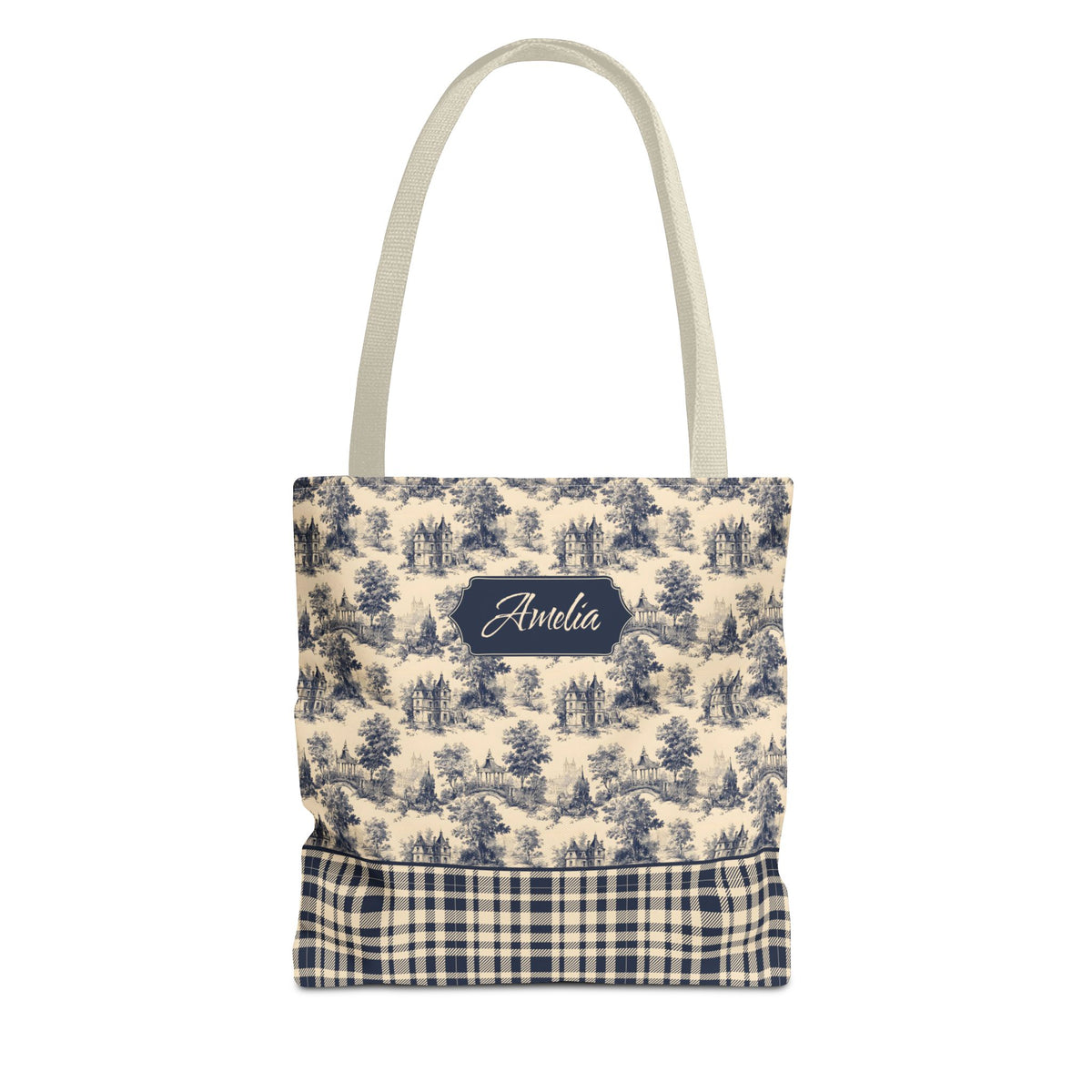 Personalizable Cottagecore Bag - Navy Toile and Plaid Tote