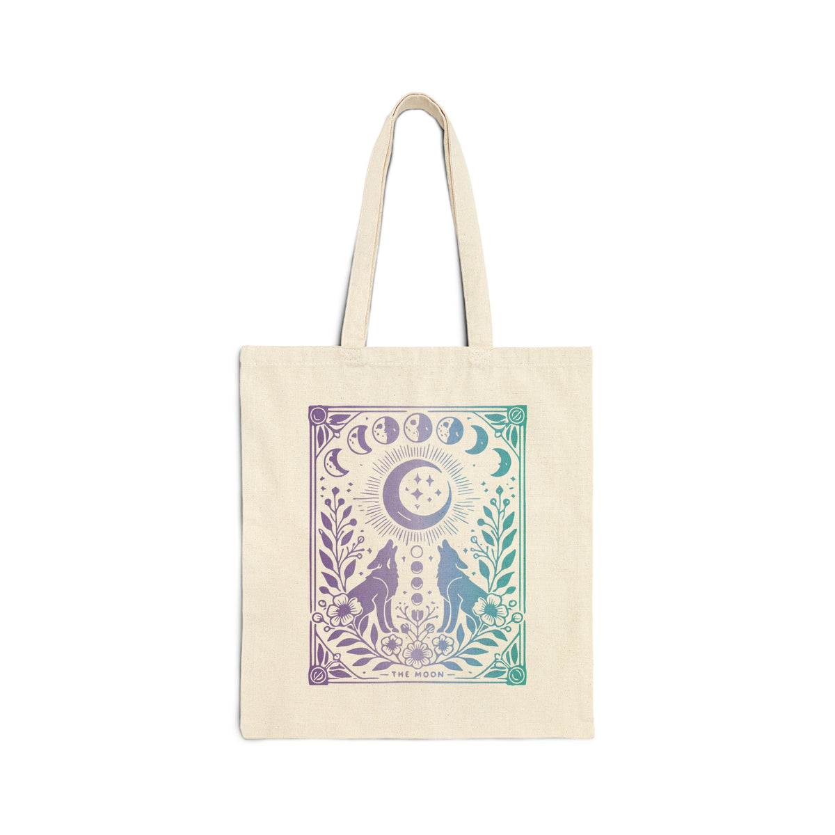 Celestial Moon Phases Tote Bag - Mystical Wolf and Moonlight Tarot Canvas Tote
