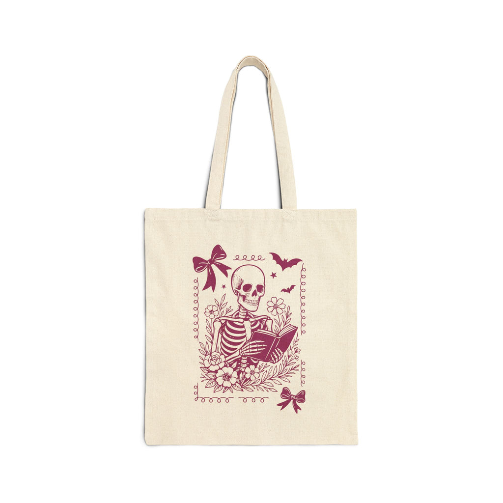 Coquette Framed Skeleton Reading Tote Bag — Vintage Gothic Skull Book Lover Canvas Tote
