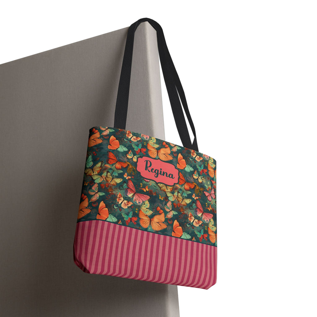 Personalizable Girly Handwriting Bag - Dreamy Butterfly Striped Tote