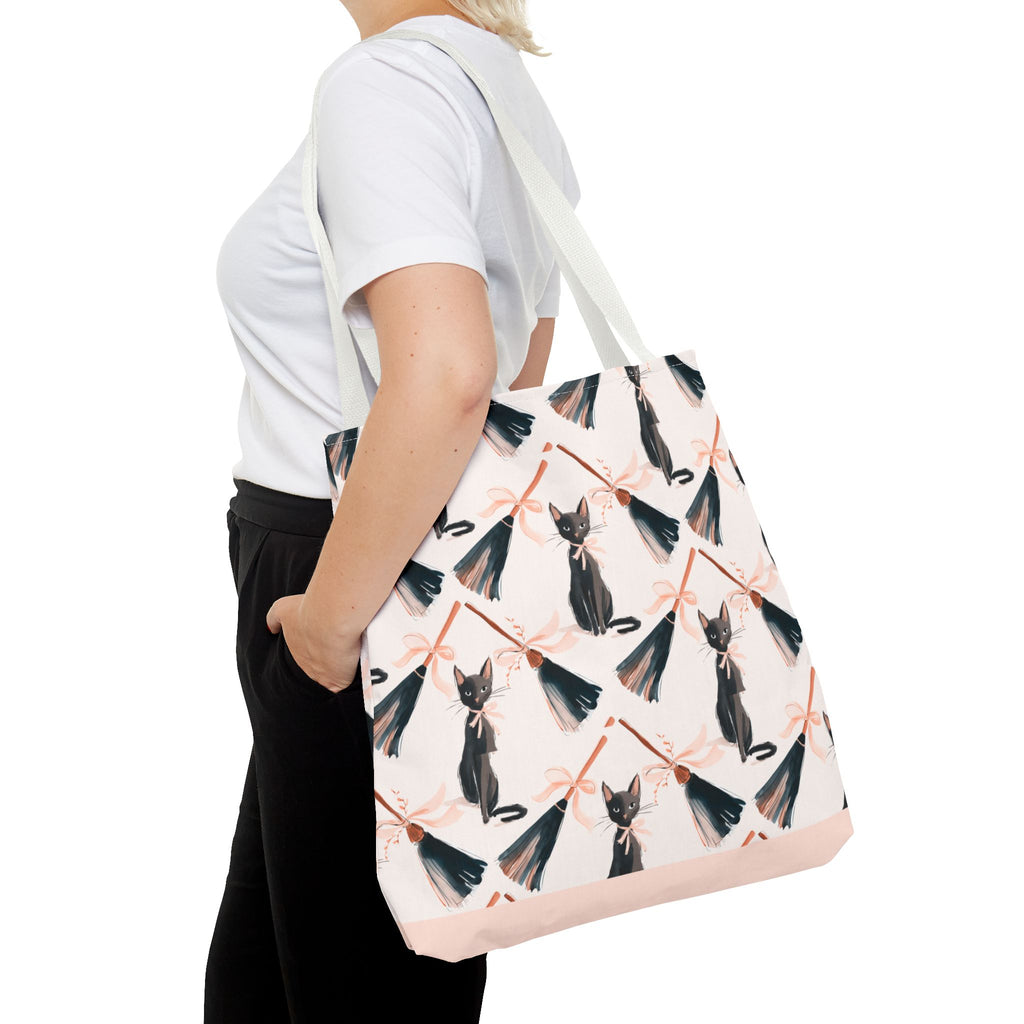 Witchy Black Cat and Broom Tote Bag