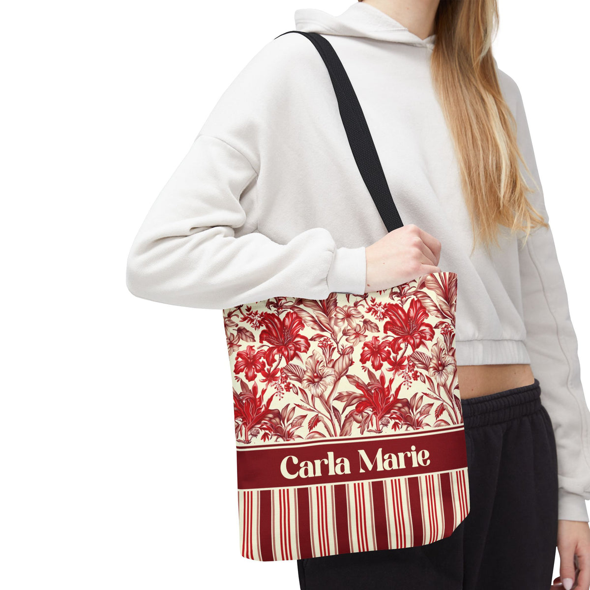 Personalizable Red Lily Tote Bag – Vintage Botanical Floral Striped Carryall
