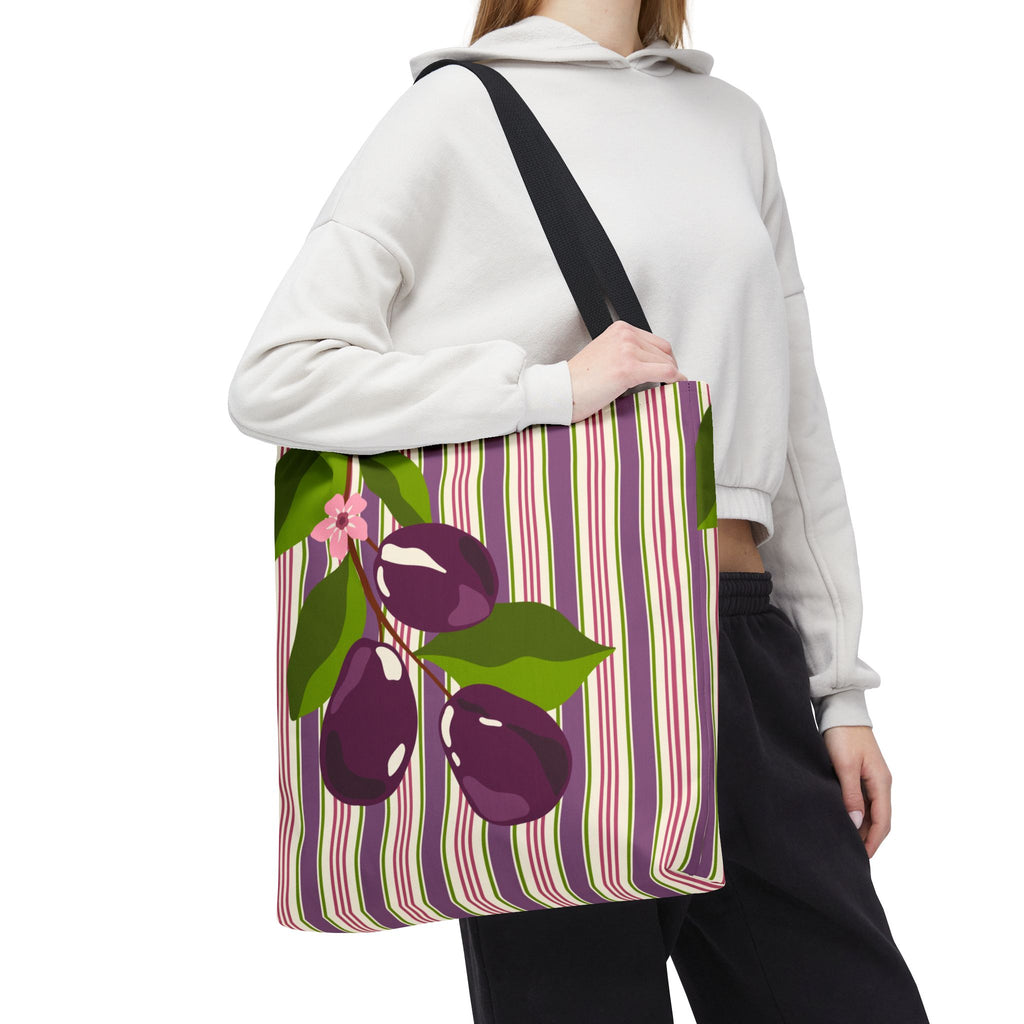 Plum Orchard Striped Tote Bag - Floral Plum Bouquet All-Over Print Tote