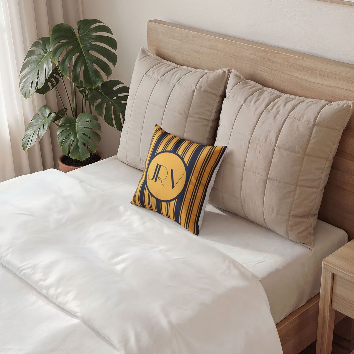 Personalizable Velvet Pillow - Blue and Gold Ticking Stripe Monogram Throw Pillow