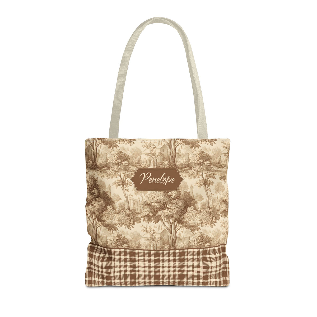 Personalized Market Tote -  Vintage Sepia Toile and Plaid Rustic Country Carryall