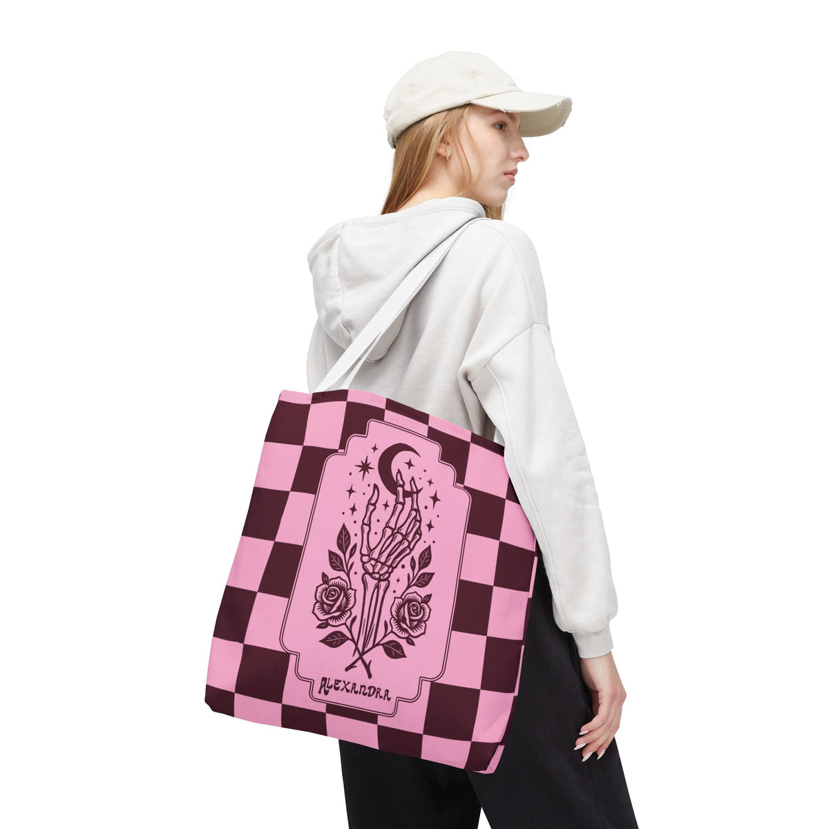 Personalizable Pink Checker Skeletal Hand Tote Bag — Gothic Moon and Roses Carryall