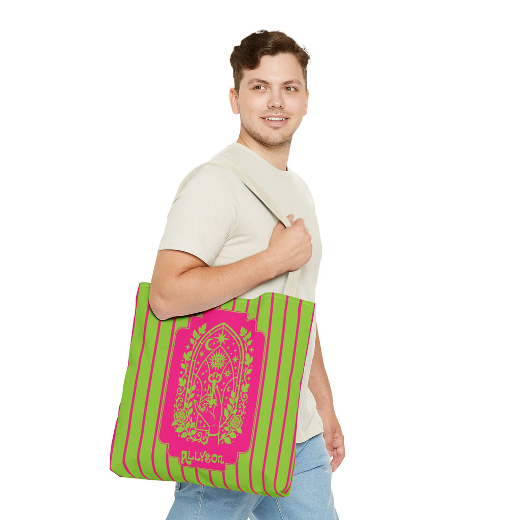Personalizable Mystic Hand Neon Key Tote Bag -Retro Pink and Lime All-Over Print