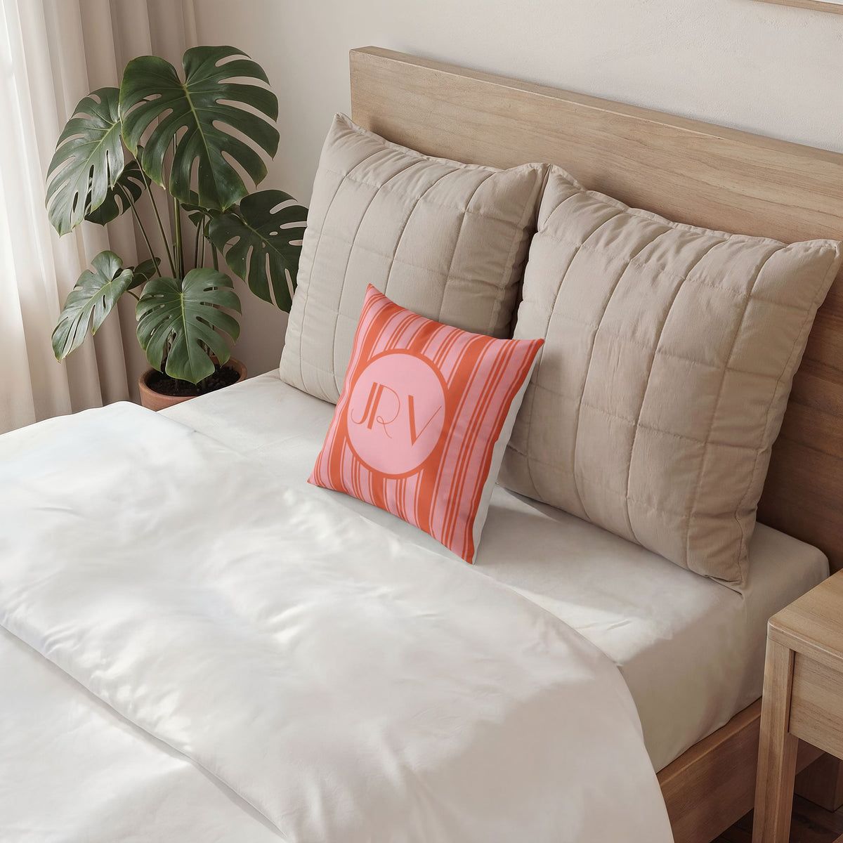 Personalizable Velvet Pillow - Pink and Orange Ticking Stripe Monogram Decorative Pillow