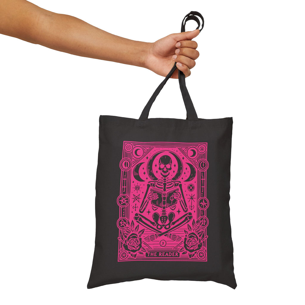The Reader Skeleton Tarot Design in Pink Cotton Canvas Tote