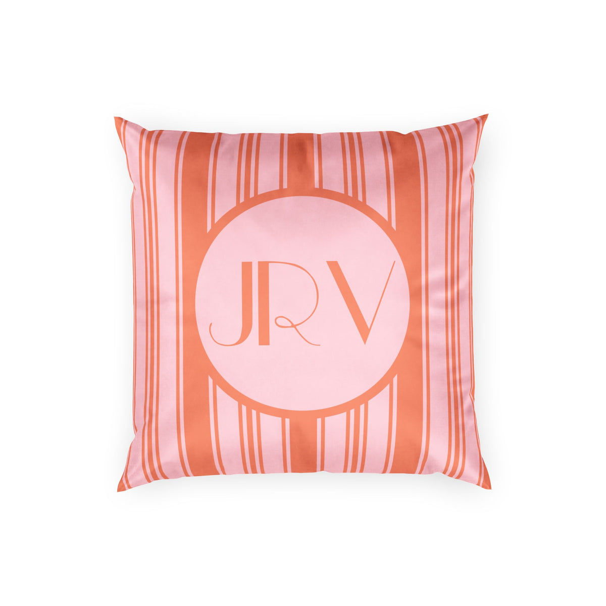 Personalizable Velvet Pillow - Pink and Orange Ticking Stripe Monogram Decorative Pillow