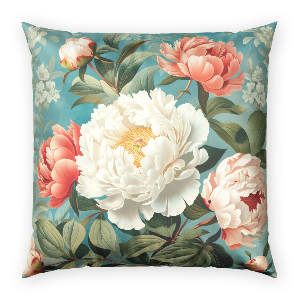 Floral Velvet Throw Pillow - Pink and Cream Peonies on Blue Vintage Decorative Pillow