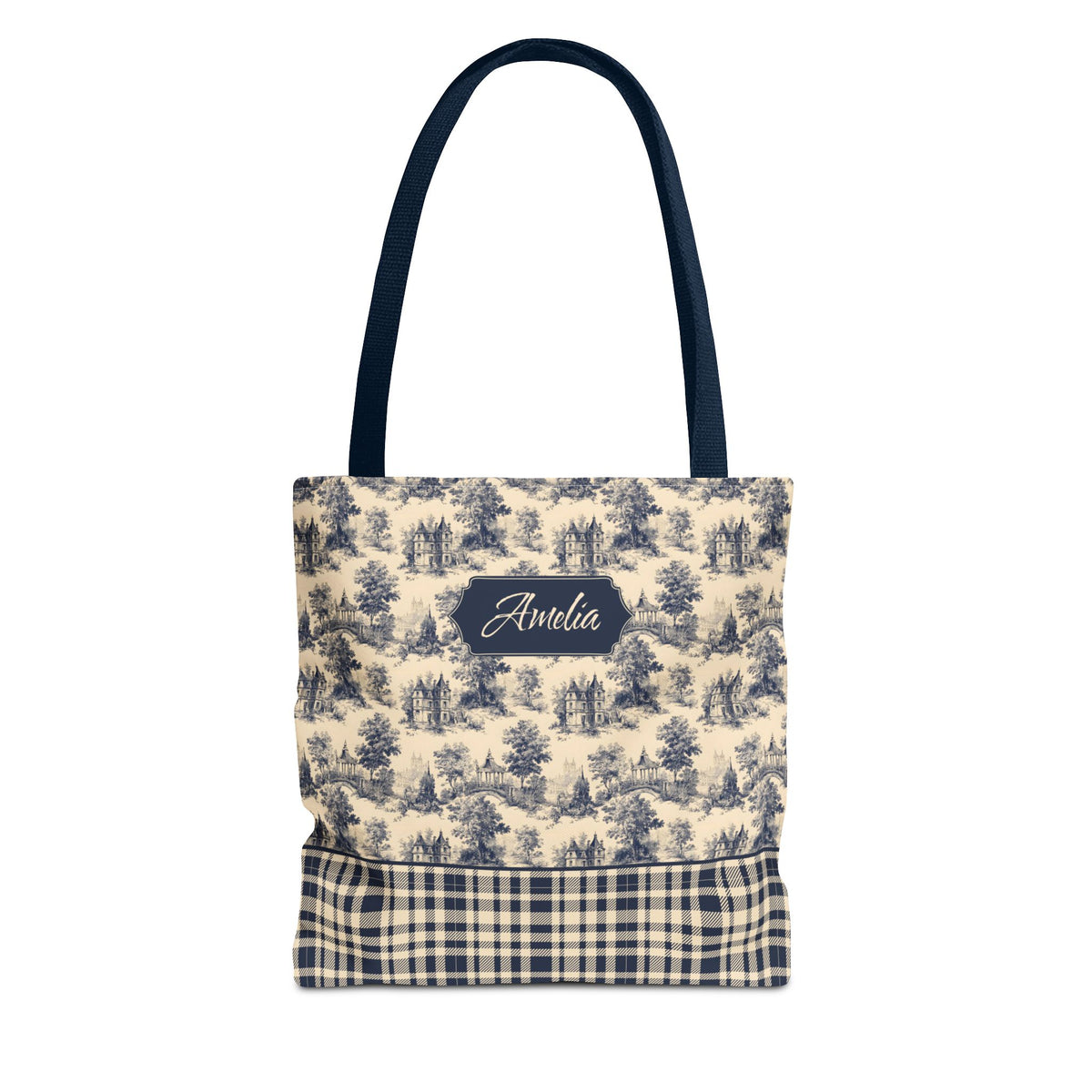 Personalizable Cottagecore Bag - Navy Toile and Plaid Tote