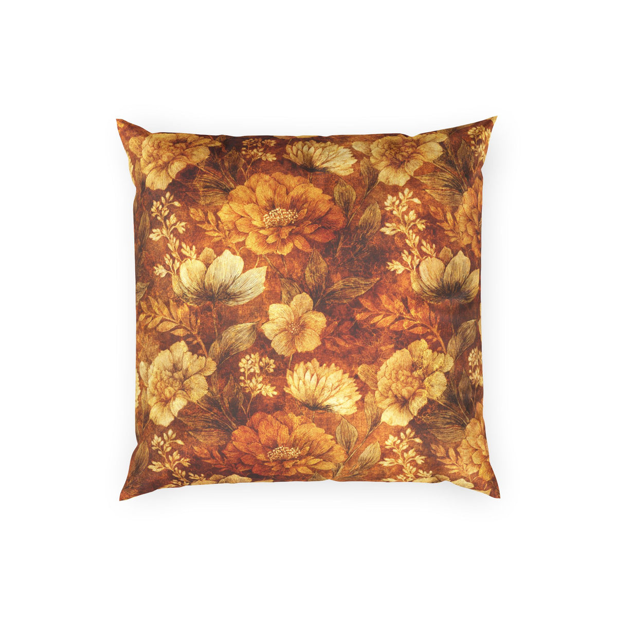 Vintage Velvet Throw Pillow - Golden Brown Floral Decorative Pillow