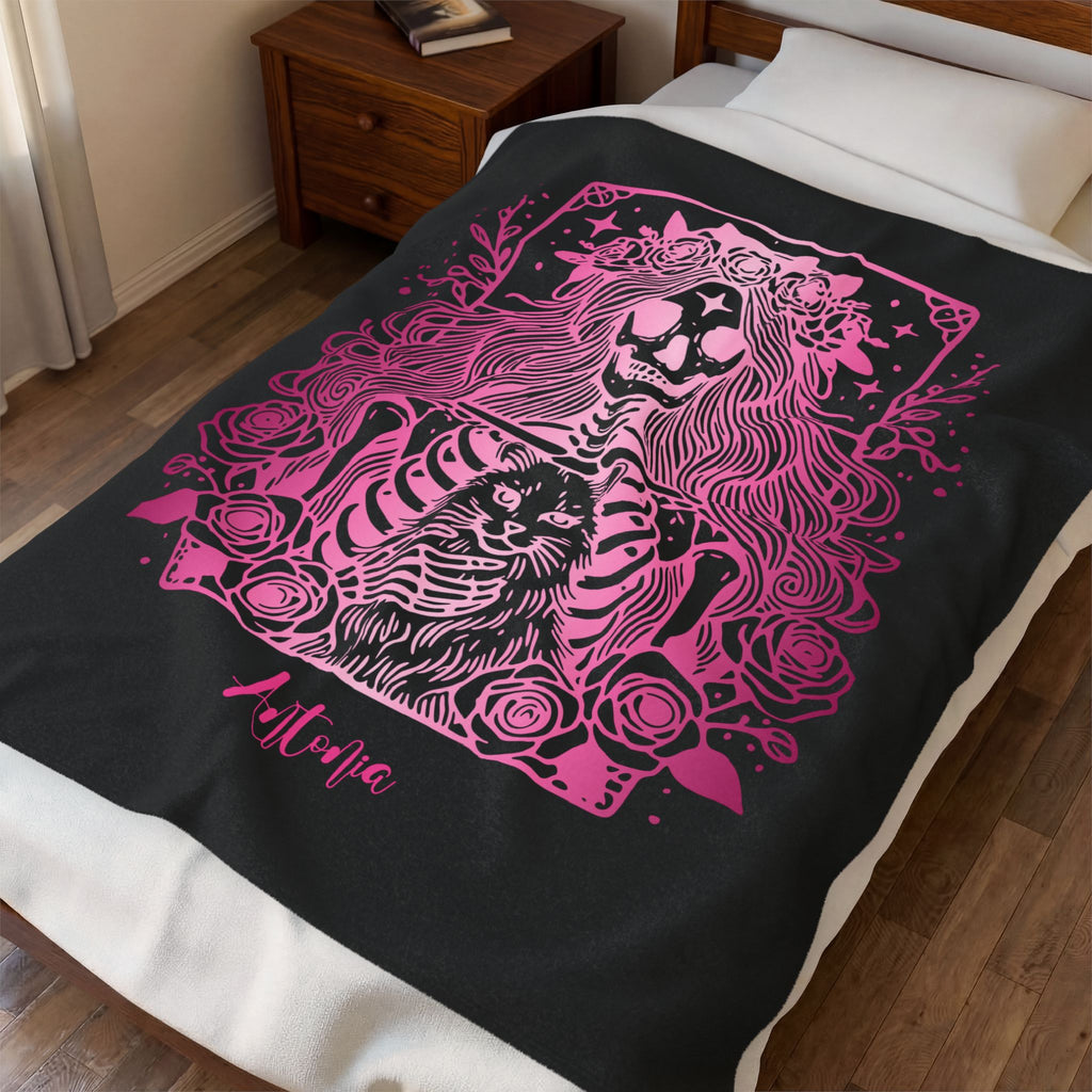 Skeleton Woman and Cat Personalized Velveteen Blanket - Pink Cat Mom Tarot Throw