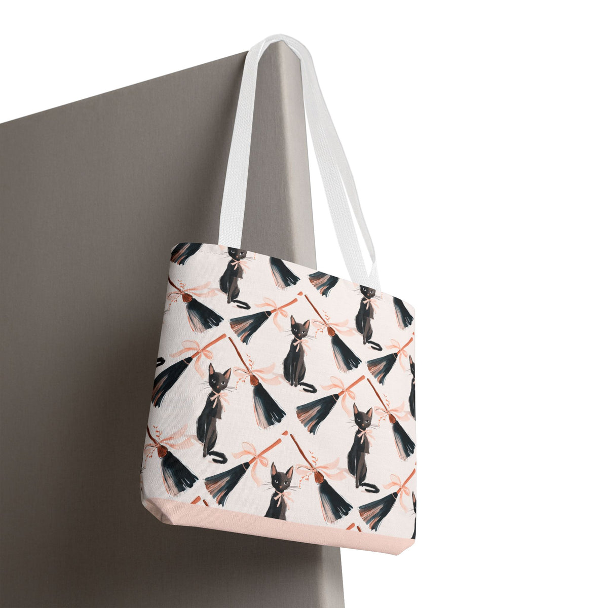 Witchy Black Cat and Broom Tote Bag