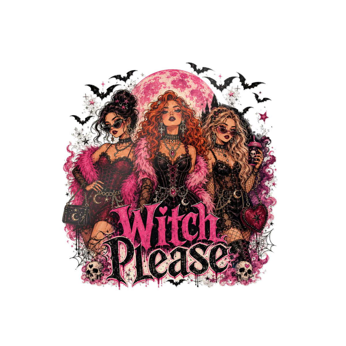 Witch Please Die-Cut Sticker - Pink Gothic Glam Witch Trio Sticker