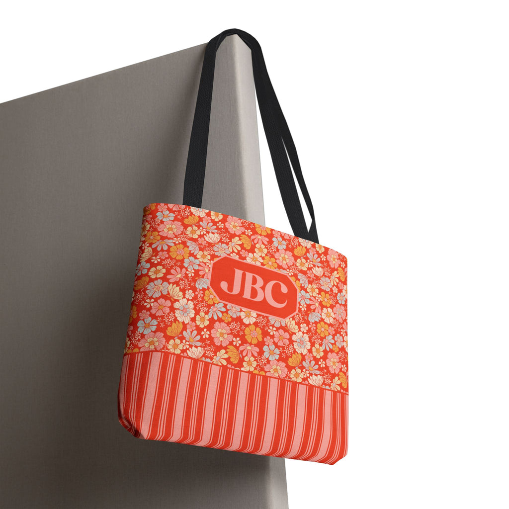 Personalizable Floral Striped Tote Bag - Orange Retro Blossom Tote