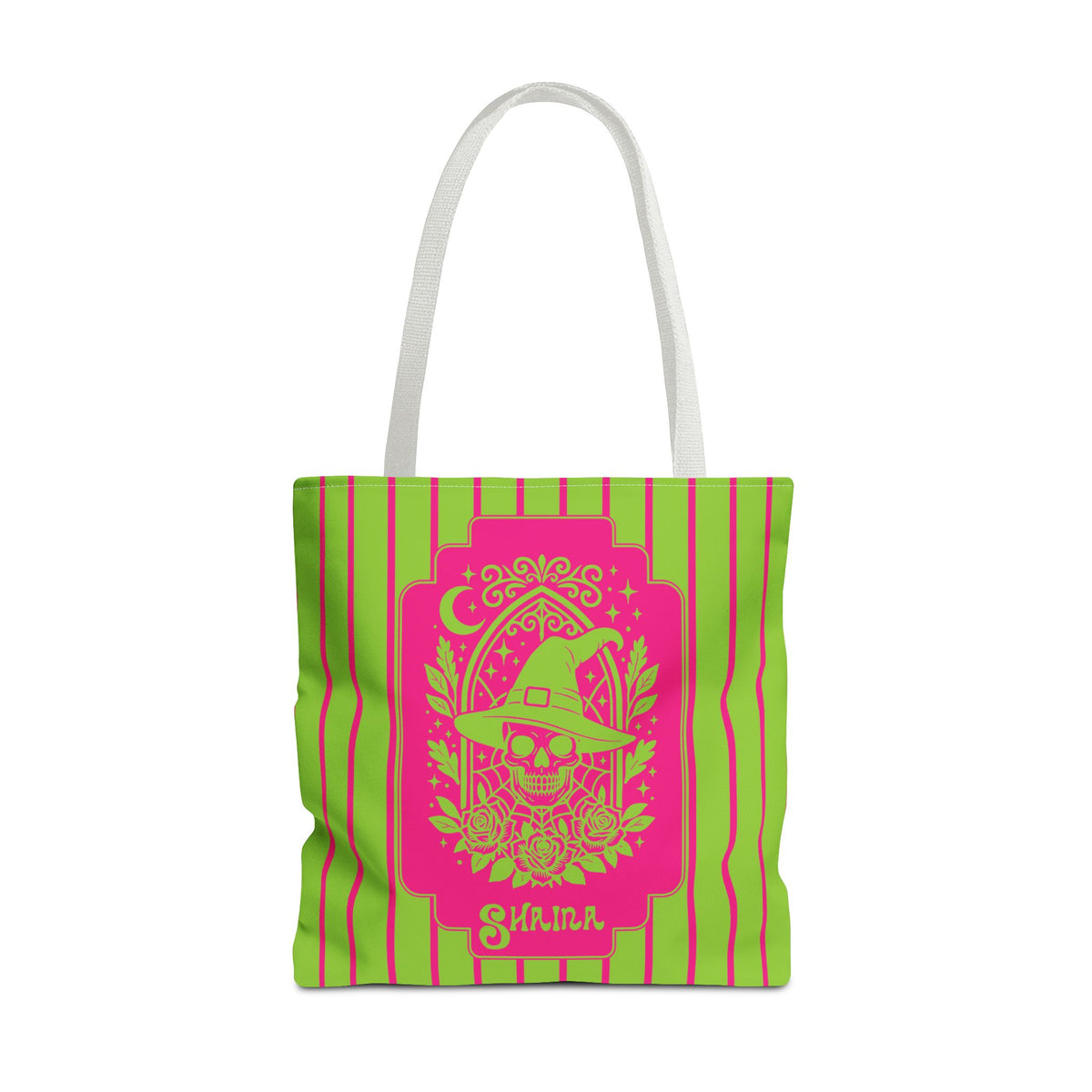 Retro Goth Skull Witch Tote Bag — Neon Pink and Lime Striped Tote