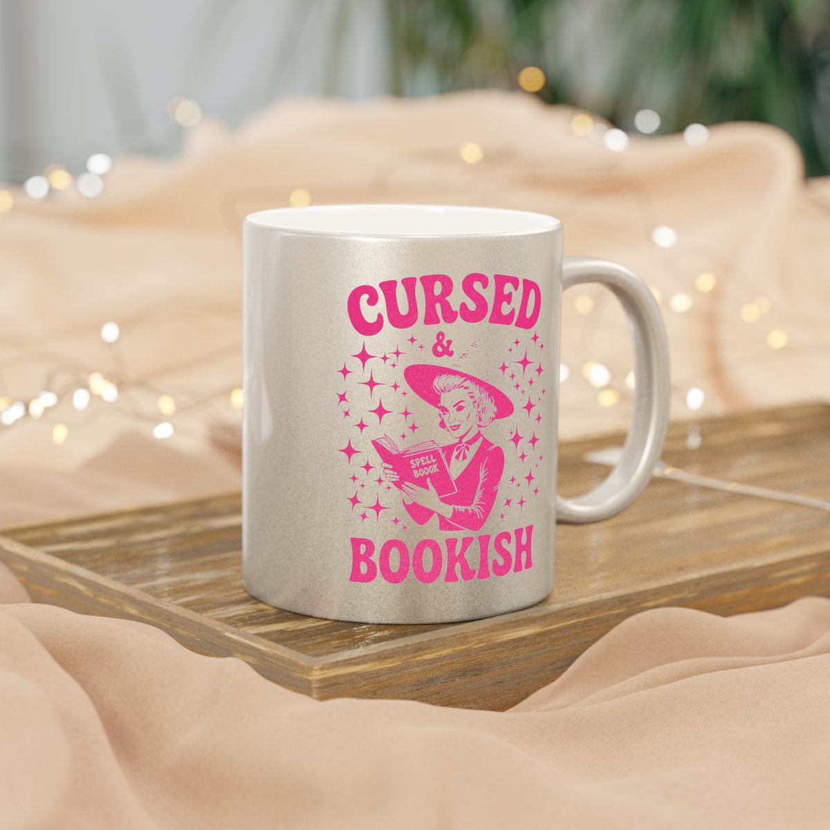 Cursed and Bookish Metallic Mug - Silver Sparkle Book Lover Gift