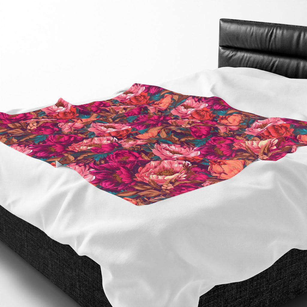 Vivid Magenta Peony Maximalist Velveteen Floral Plush Blanket