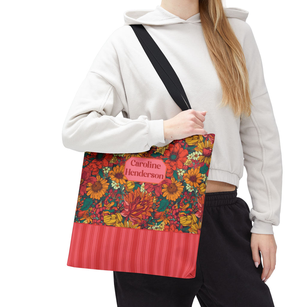 Personalizable Floral Tote - Floral Striped Harvest Tote Bag