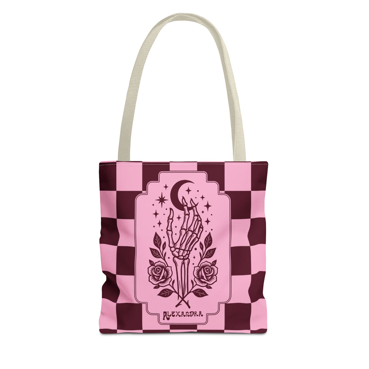 Personalizable Pink Checker Skeletal Hand Tote Bag — Gothic Moon and Roses Carryall