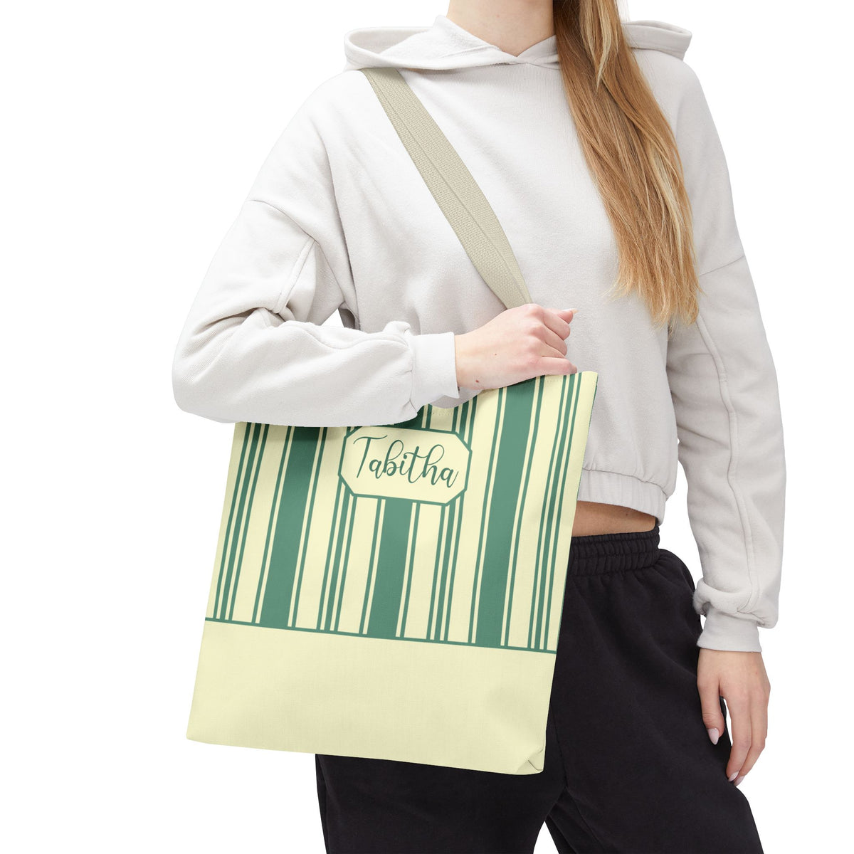 Striped Personalizable Carryall – Retro Mint and Cream Stripe Everyday Tote Bag