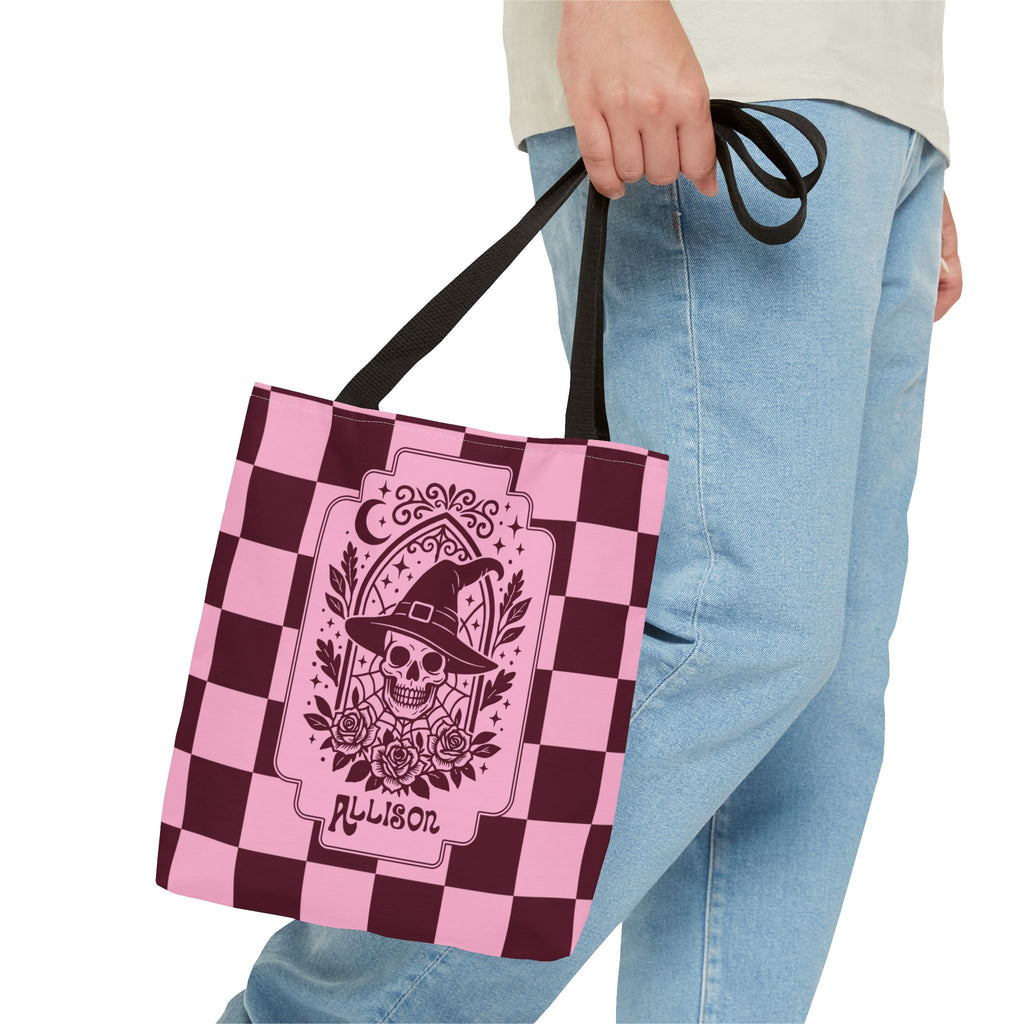 Pink Spooky Checkerboard Carryall - Gothic Witch Skull Personalizable Tote