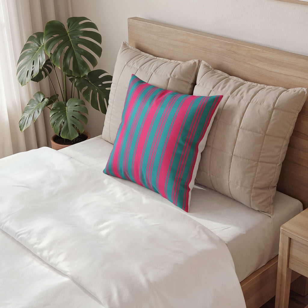 Whimsical Velvet Decor Pillow - Bright Pink and Blue Ticking Stripe Throw Pillow