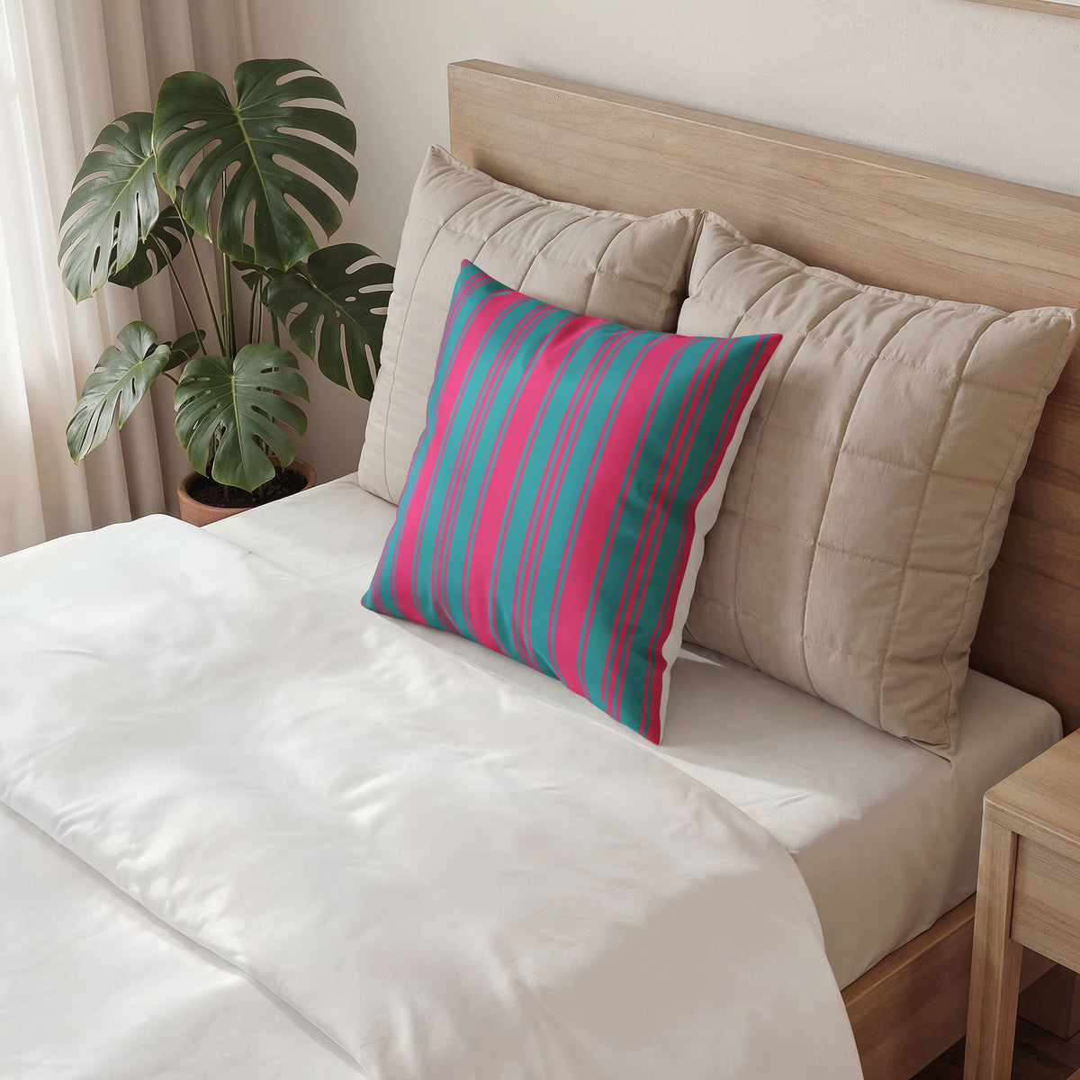 Whimsical Velvet Decor Pillow - Bright Pink and Blue Ticking Stripe Throw Pillow